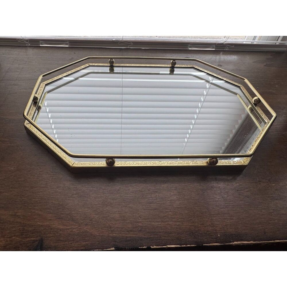 Vintage Octagon-shaped Gold Mirror Vanity Tray